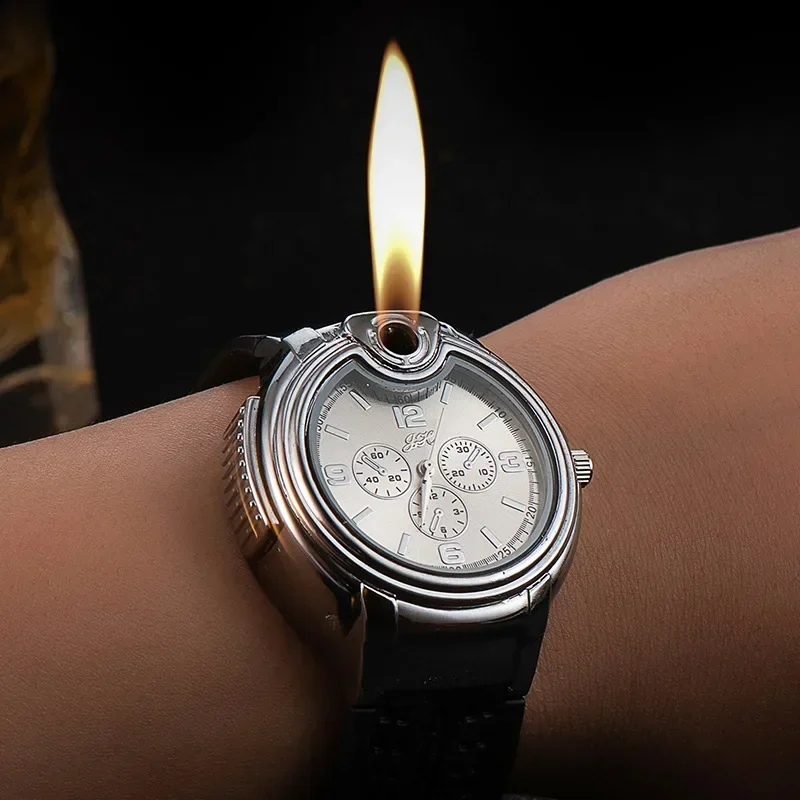 Watch Style Metal Open Flame Lighter Creative Men\'s Sports Watch Fire Electronic Replaceable Tungsten Wire Lighter