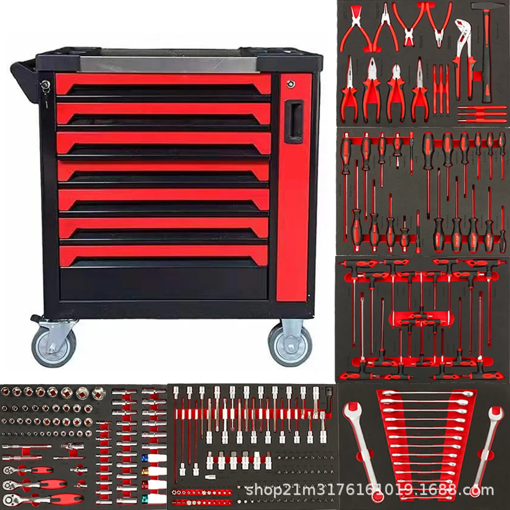 Hardware Tool Cart, Auto Repair Auto Maintenance Machine Repair Storage Mobile  7 Pumping Tool Cart with Tool Set