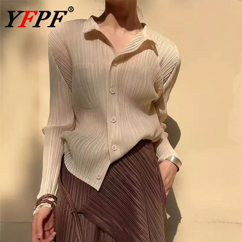 

YFPF Fashion Women Shirt Miyake Pleated Design Lapel Long Sleeve Button Solid Color Slim Blouse Tops Versatile 2025 New