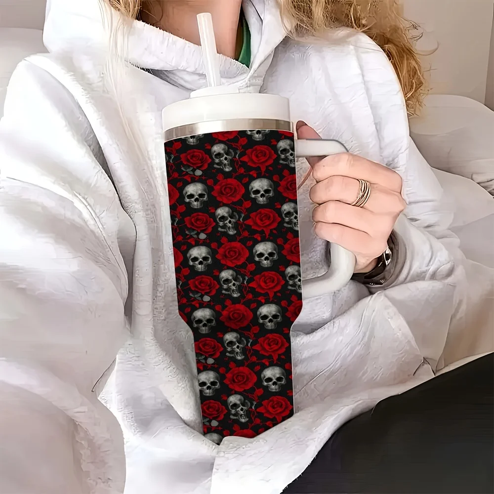 1ps Halloween and Christmas 40oz Stainless Steel Insulated Tumbler with Handle and Straw, Skull Red Rose All Over Pattern Water Cup for Travel Office Home Outdoor, Daily Drinking Use for Hot Cold Beverages