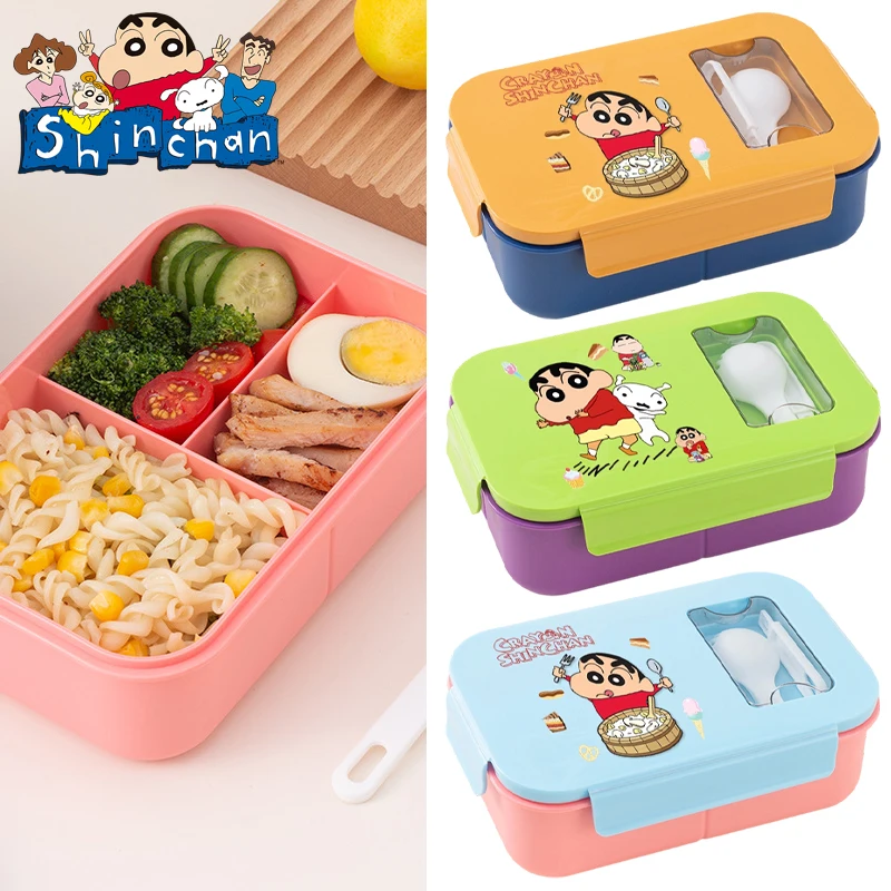Pudełko na lunch Crayon Shin-chan, pojemnik na bento do mikrofalówki, szczelny, dzielony pojemnik na jedzenie, plastikowe pudełko dla ucznia z zapięciem i zastawą stołową.