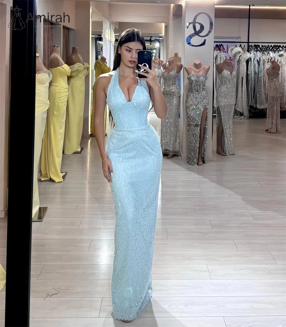 Amirah V-neck Women Evening Dress 2025 Elegant Prom Dresses Luxury Women's Elegant Party Dress Custom Made Long Fish Tail Blue