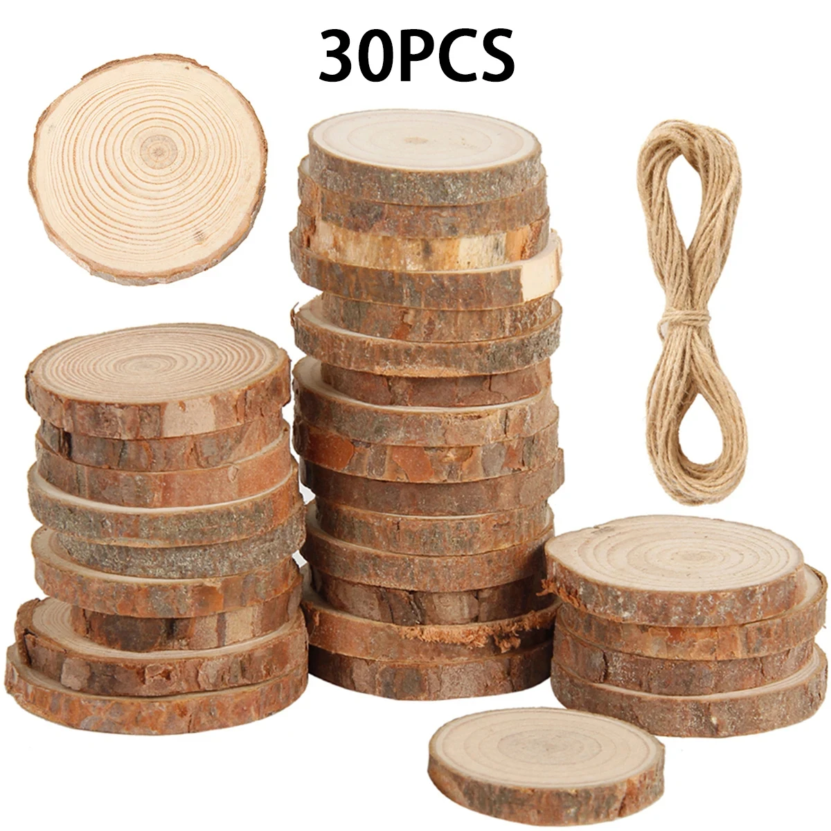 30 Stück natürliche Holzscheiben, unvollendete Holzscheiben, runde rustikale Holzstücke, Bastelholzkreis-Set, Party-Dekoration für Heimwerker