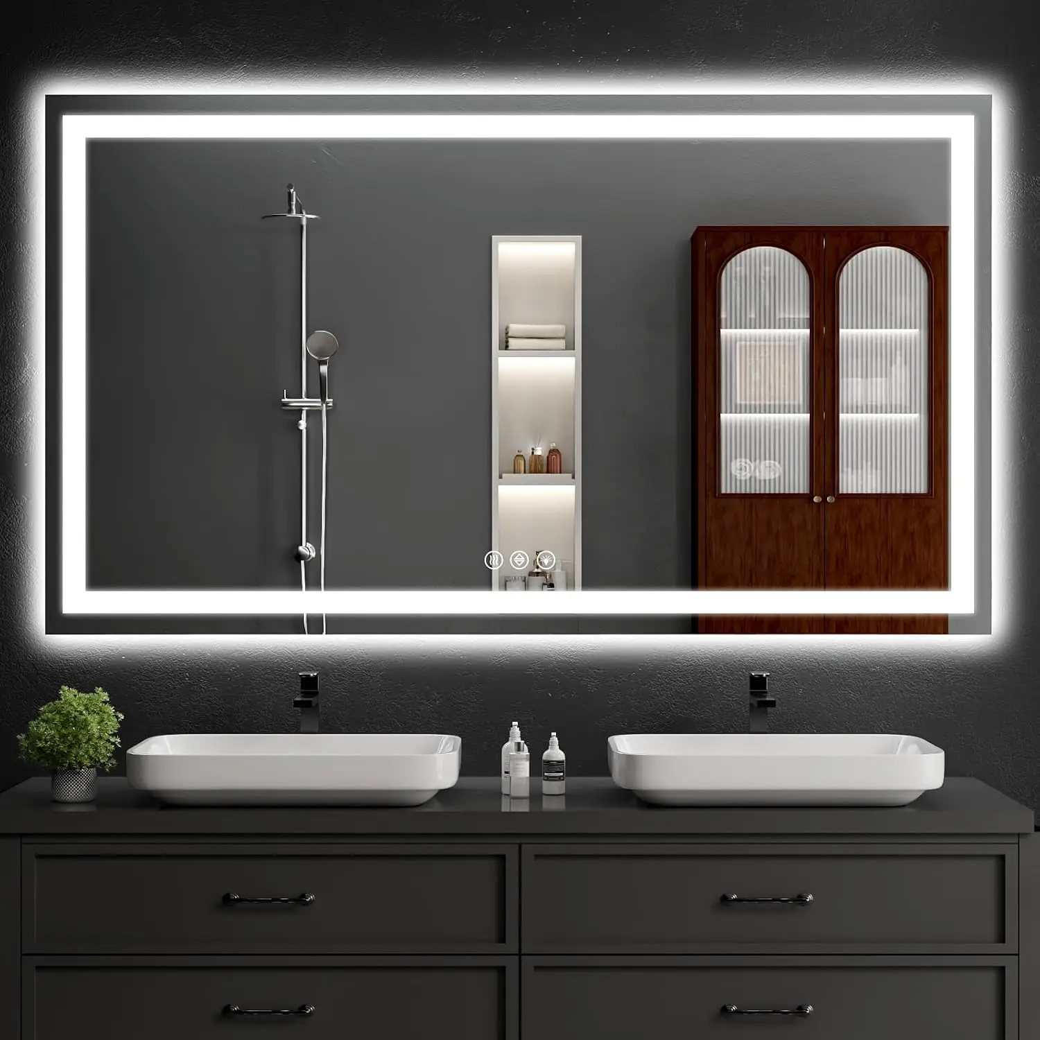 Illuminated Bathroom Mirrors 36 Inch 60 Inch Wall Mount Lighted Vanity Dual Back Front Lighting Three Colors Anti Fog Dimmable B