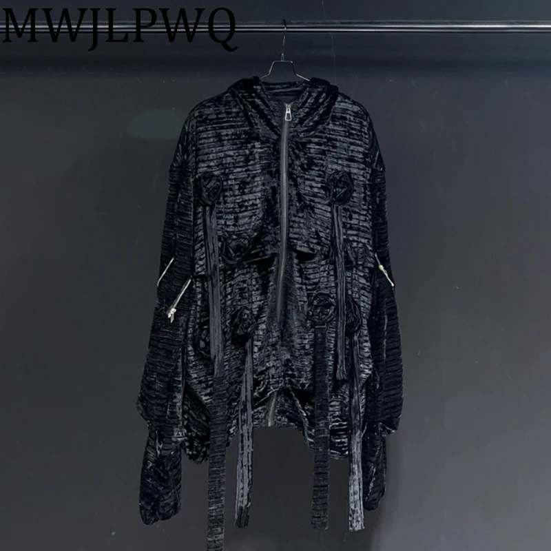 

MWJLPWQ Texture Flower Lace Up Niche Design Shirts Male New Long Sleeve Hooded Streetwear 2025 Autumn Loose Zipper Tops 010845