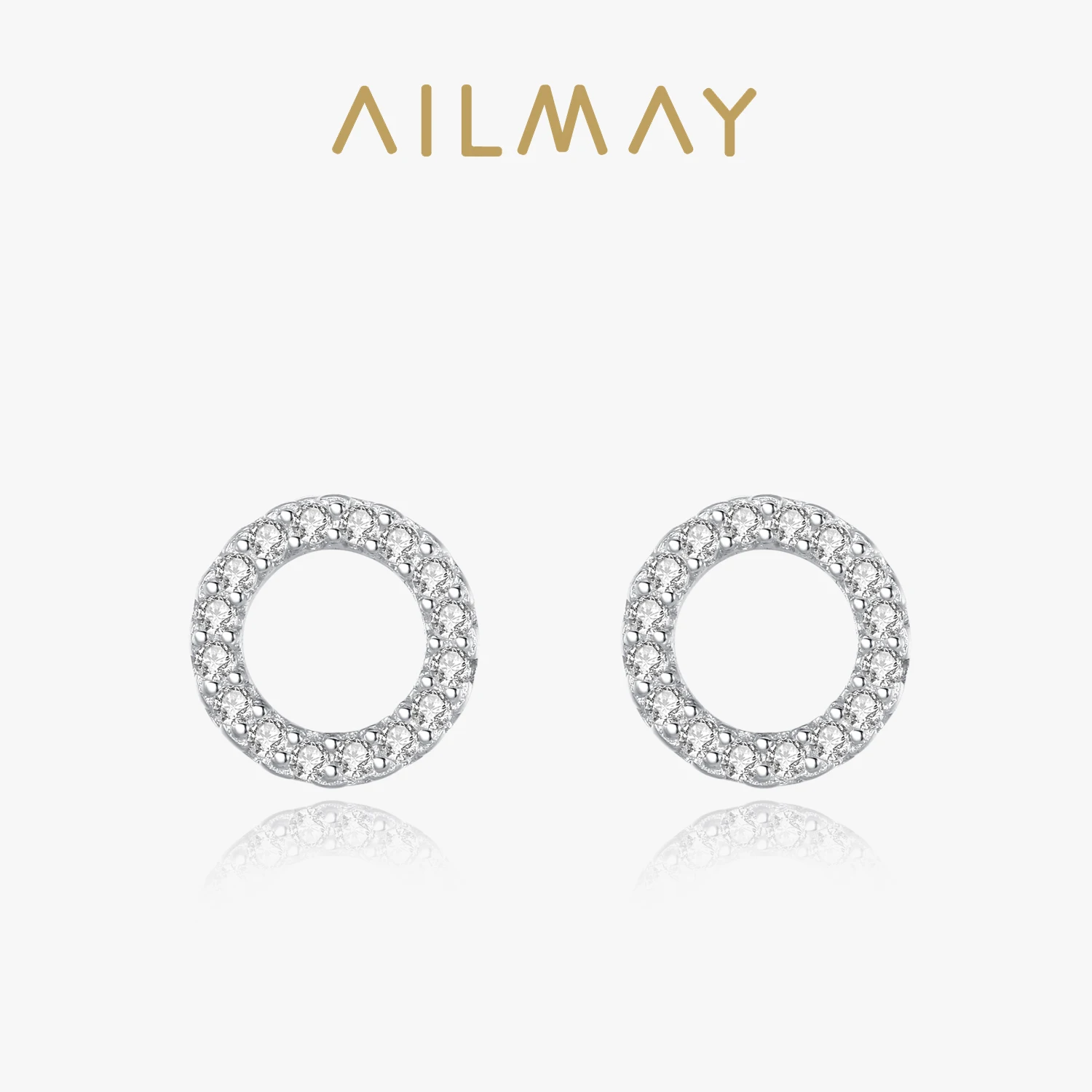 Ailmay Simple Fashionc 925 Sterling Silver Round Circle Clear Zircon Stud Earrings for Women Sterling Silver Jewelry Gift