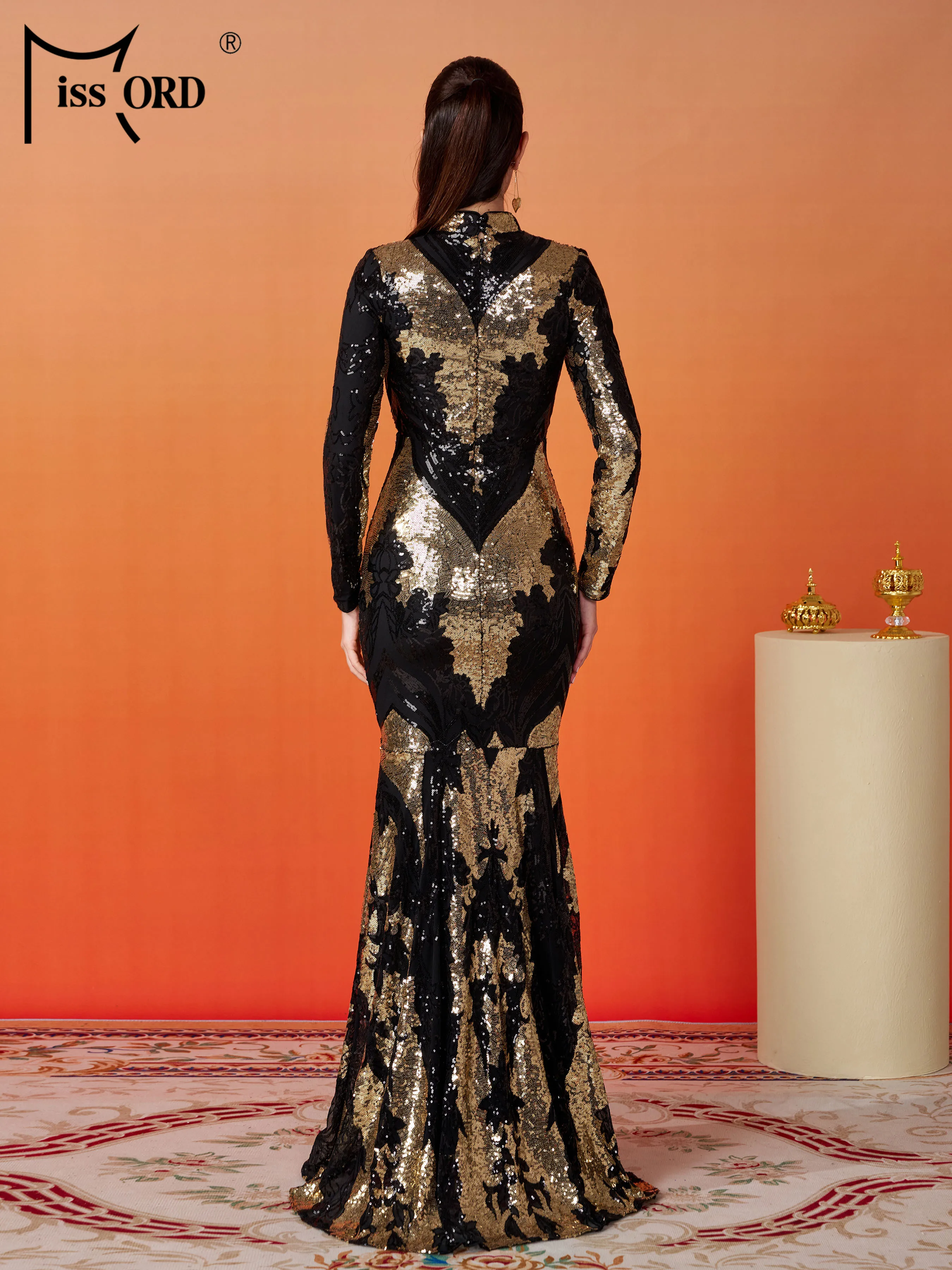 Missord New Round Neck Geometry Long Sleeved Sequin Mermaid Evening Gown Formal Occasion Wedding Birthday Party Church Dress