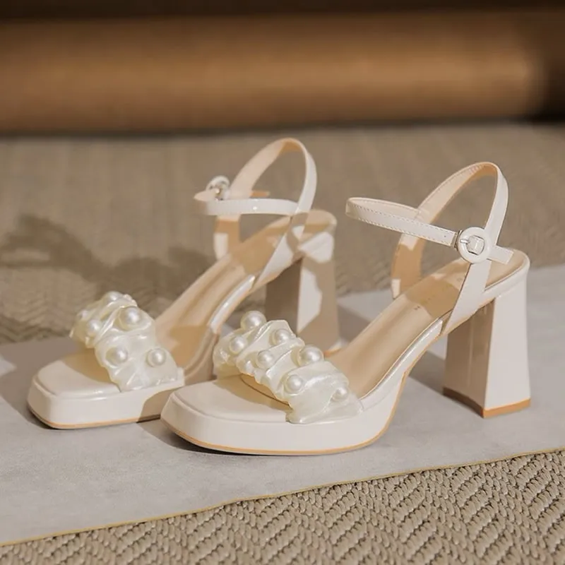 Hot Sale Shoes for Women Buckle Strap Women's Sandals Square Heel Square Toe High Heel Pump Women Flower Modern Heeled Sandalias