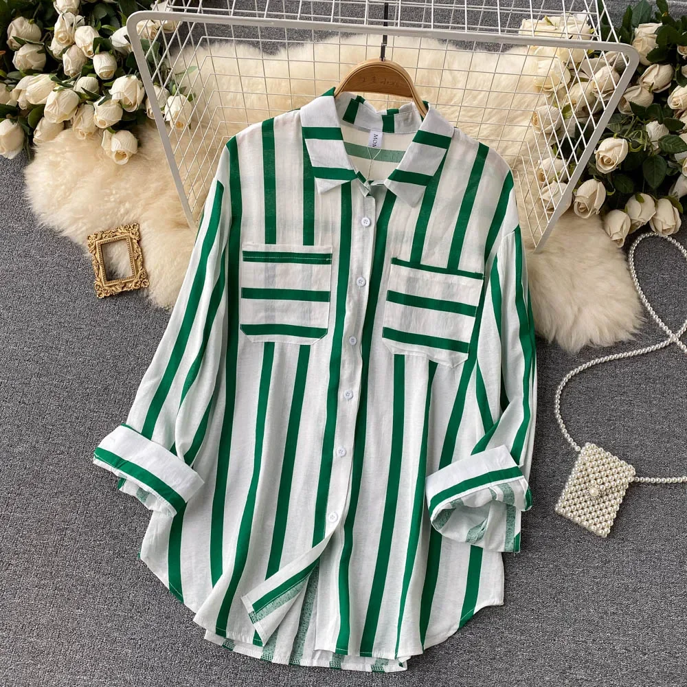 Office Lady Casual Loose Long Shirt Women Spring Summer Fashion Blouse Striped Overshirt Female Dropshipping Cheap Wholesale