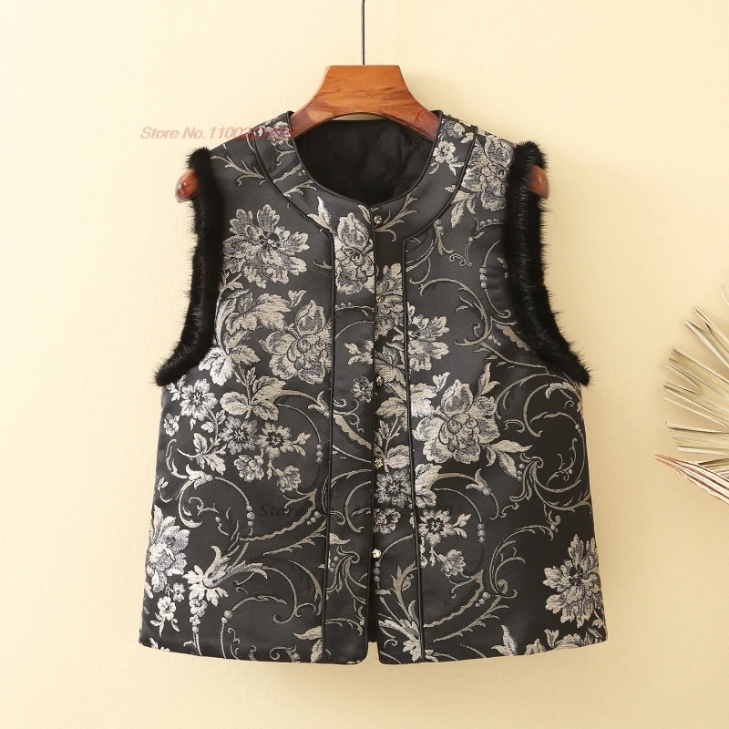 

2025 chinese vintage hanfu tops cotton-padded folk vest traditional jacquard o-neck vest sleeveless jacket ethnic thicken vest