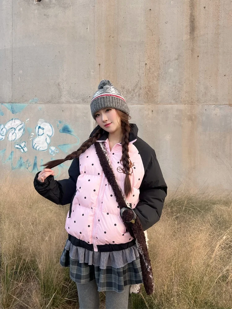 

Белое женское зимнее утепленное пальто-пуховик Oneko в американском ретро-стиле с вышивкой в горошек, свободного кроя, из хлопка