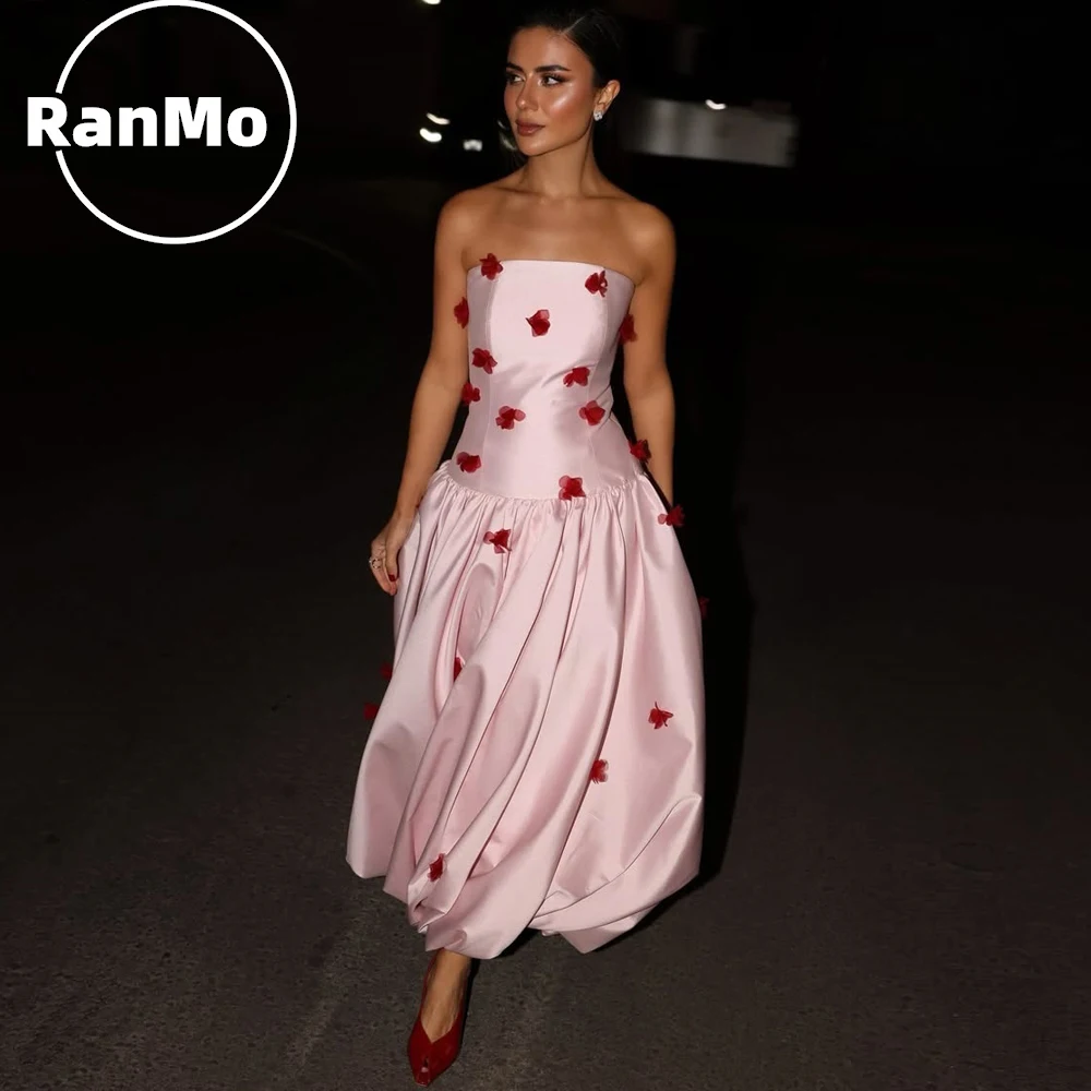 

Ranmo 2026 Elegant Pink Soft Satin Evening Gown Strapless 3D Red Flower Appliques Formal Party Dress Luxury Prom Gown Customized