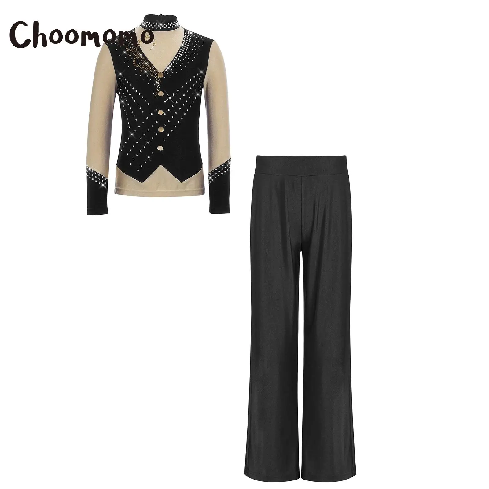 

Комплекты костюмов для фигурного катания для подростков: топ с длинным рукавом на молнии, украшенный стразами, и брюки прямого кроя, современный танцевальный костюм