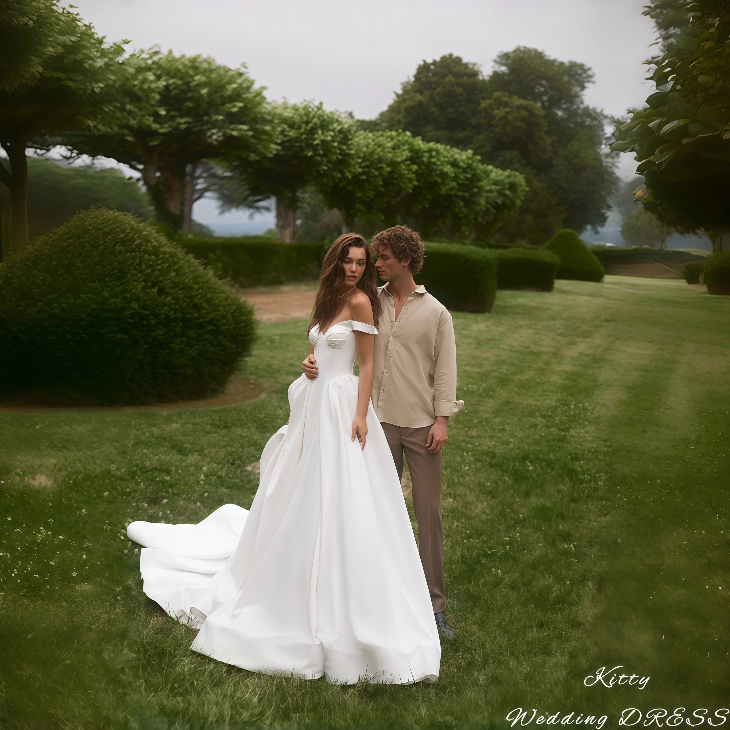 

Kitty Customized Elegant Wedding Dress Off-the-Shoulder Sweetheart Sleeveless Sleeveless Satin Corset A-Line Train Bridal Gown