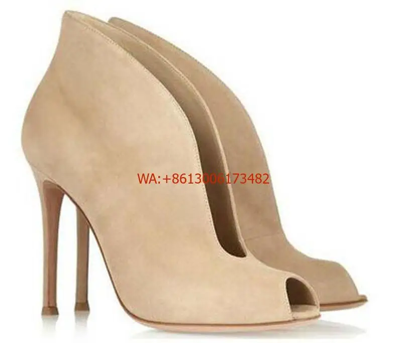 

Sexy Woman Peep Toe Stiletto Shallow Slip On High Heels Spring Summer V-Mouth Ankle Boots Ladies Elegant Dress Shoes Large Size