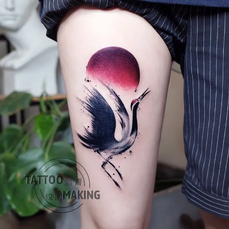 Retro Ink Red-crowned Crane Tattoo Sticker for Women Body Fake Tattoo Sleeve Hotwife Self-adhesive Tattoos Face Stickers Art Y2K