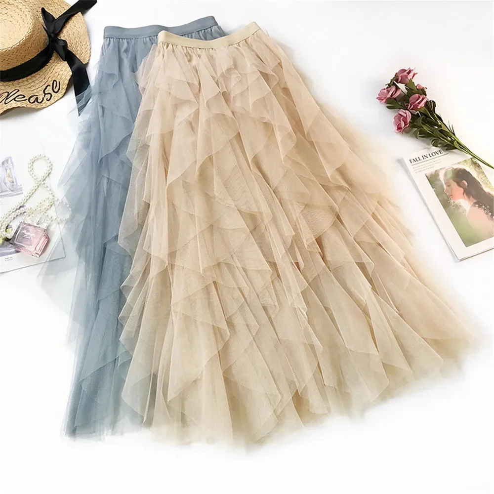 

QNPQYX New Fashion Tutu Tulle Skirt Women Long Maxi Dress Spring Summer Korean Black Pink High Waist Pleated Skirt Female