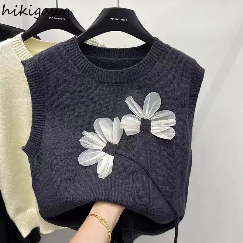 Knitting Vest Sweater Women Clothing Sweet 3D Floral Sleeveless O-neck Tanks 2023 Ropa Mujer Vintage Fashion Knitwear Crop Tops