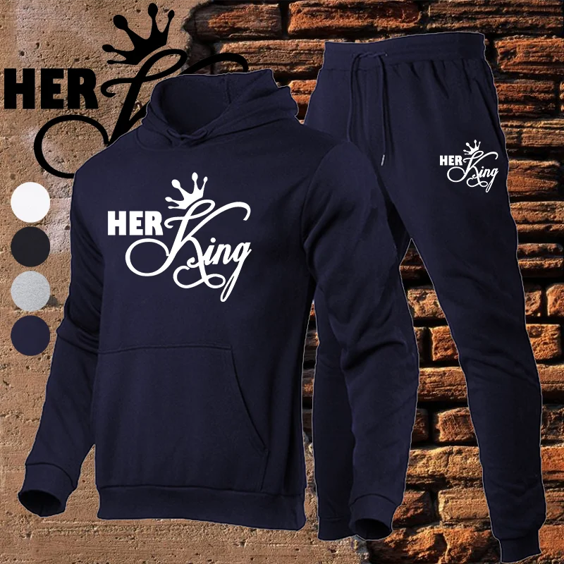 

Fall and Winter Men's King Print Hoodie Couples Long Sleeve Fashion Pocket Sports Two-piece Set
