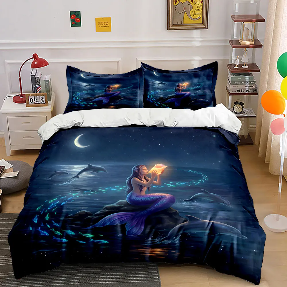 Mermaid holds glowing shell under moonlight Print Bedding set 3PC 1 duvet cover 2 pillowcases adult and children bedding set