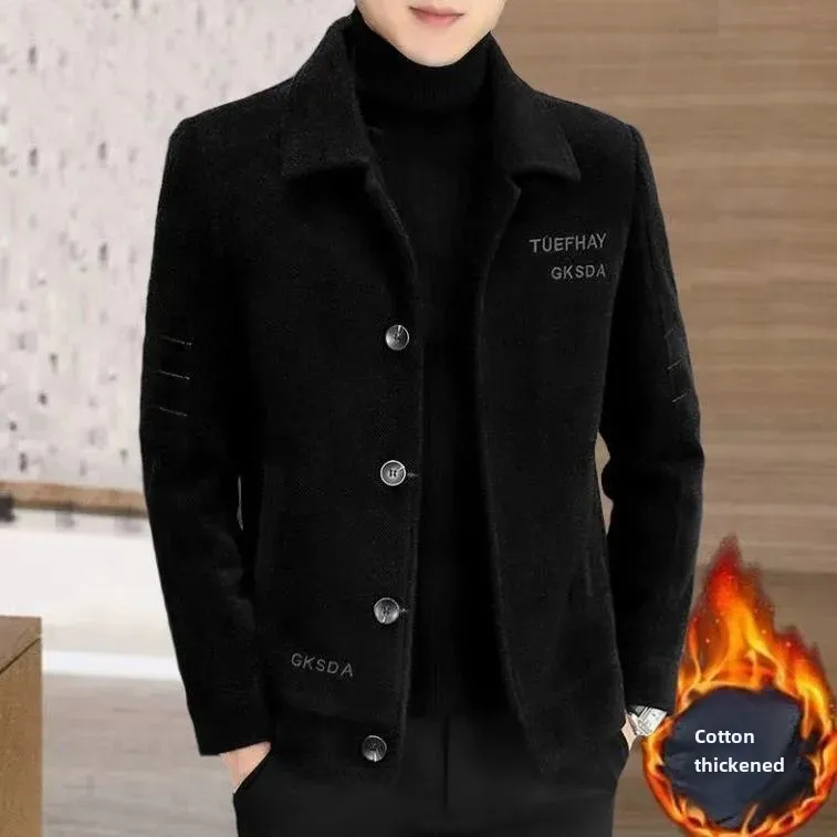 New Men's Woolen Overcoat Cropped Autumn Winter Thickened Jacket Casual High-End Fashion Thin Material Regular Type Other