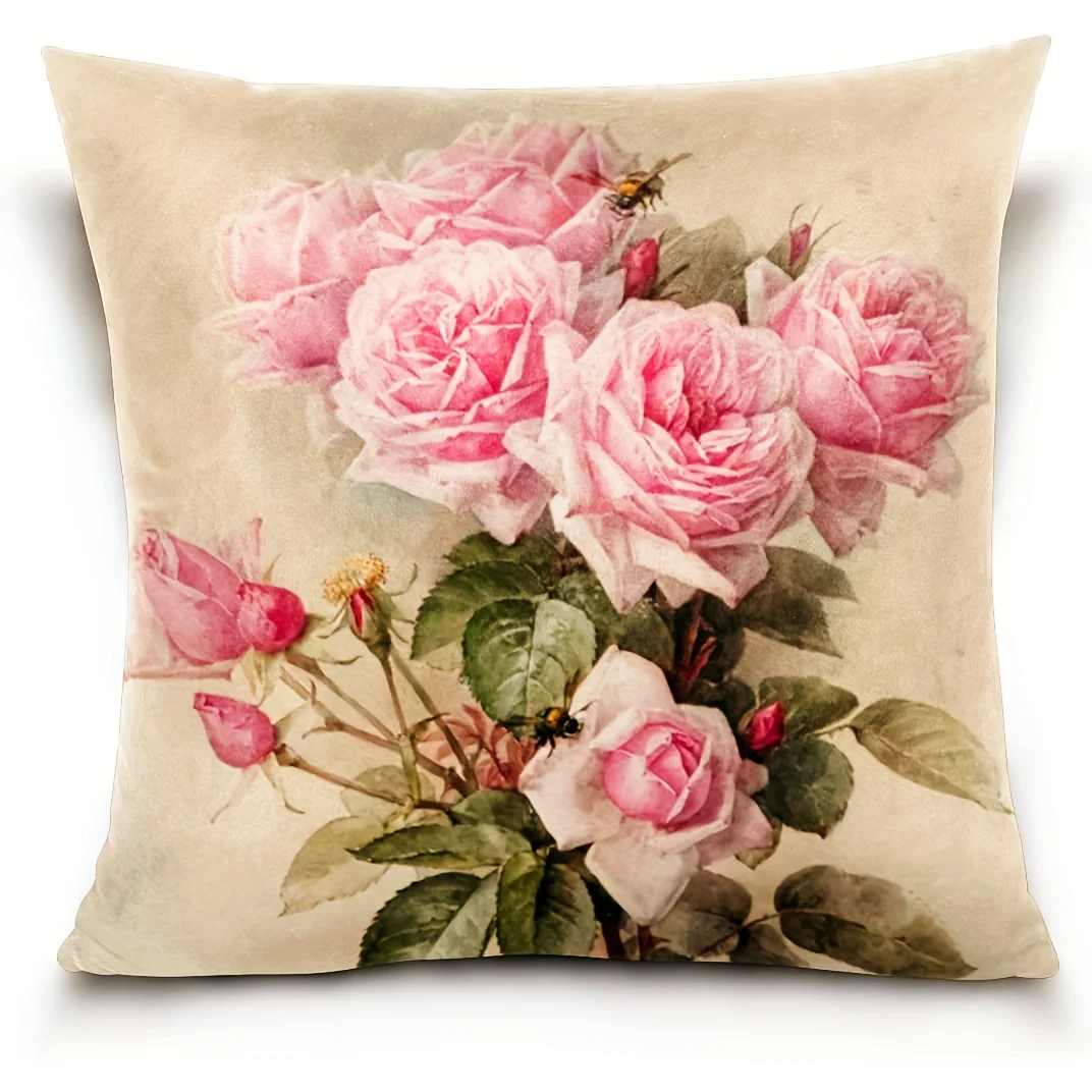 Square Linen Cushion Cover Vintage Shabby Chic Pink Rose Floral Pillow Cover, Home Decor