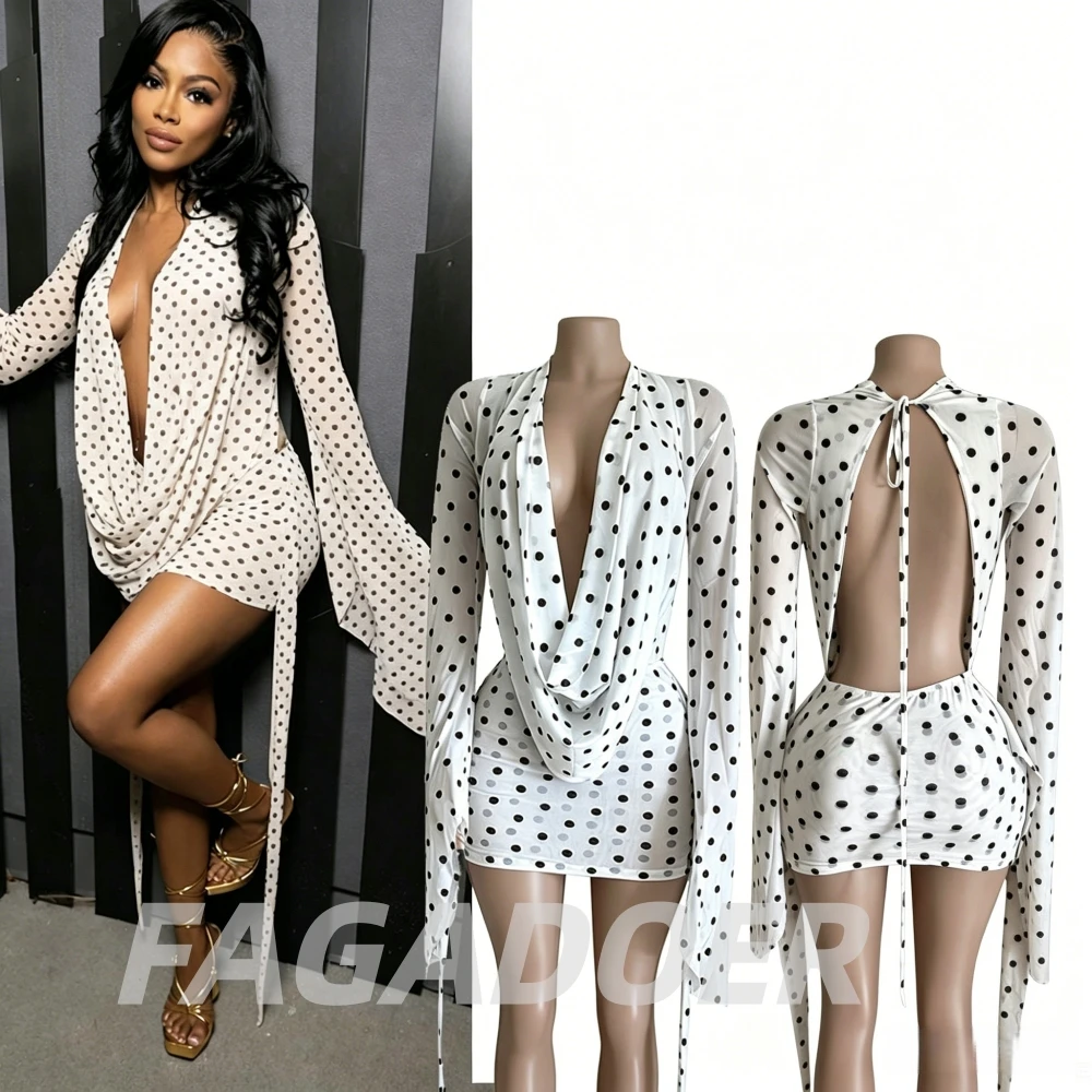 

FAGADOER Spring New Sexy Polka Dot Print Bodycon Dresses for Woman Deep V-neck Batwing Sleeve Dress Female Streetwear Vestidos