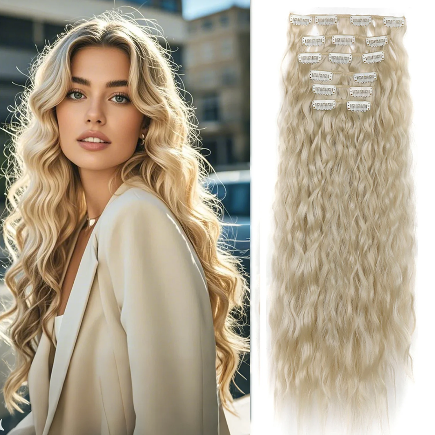 6PCS Clip In Hair Extensions Water Wave 20inch Long Synthetic Clip On Hairpiece Corn Wavy Style For Women Girls Daily Party