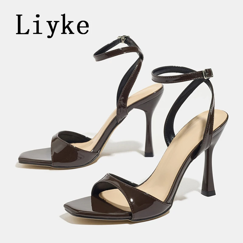 

Liyke/летние уличные пикантные сандалии-гладиаторы на высоком каблуке, женские модные вечерние модельные туфли на шпильке с квадратным носком и пряжкой на щиколотке