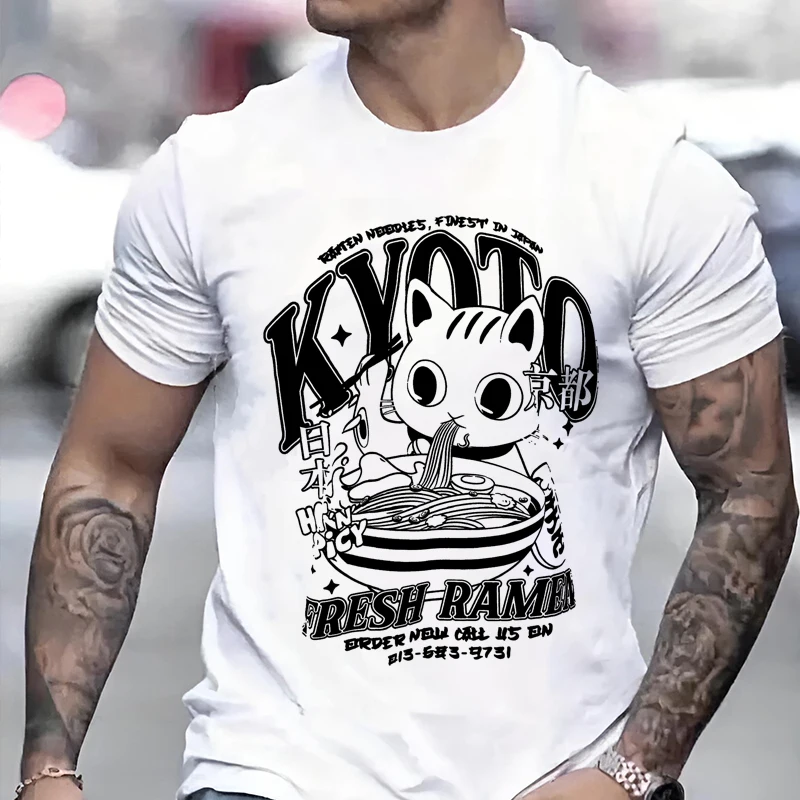 

Cute Kyoto Cat Print Men Woman T-shirt Cat Eating Lamian Noodles Pattern Harajuku Couple Tee Street Fashion Graffiti Clothing