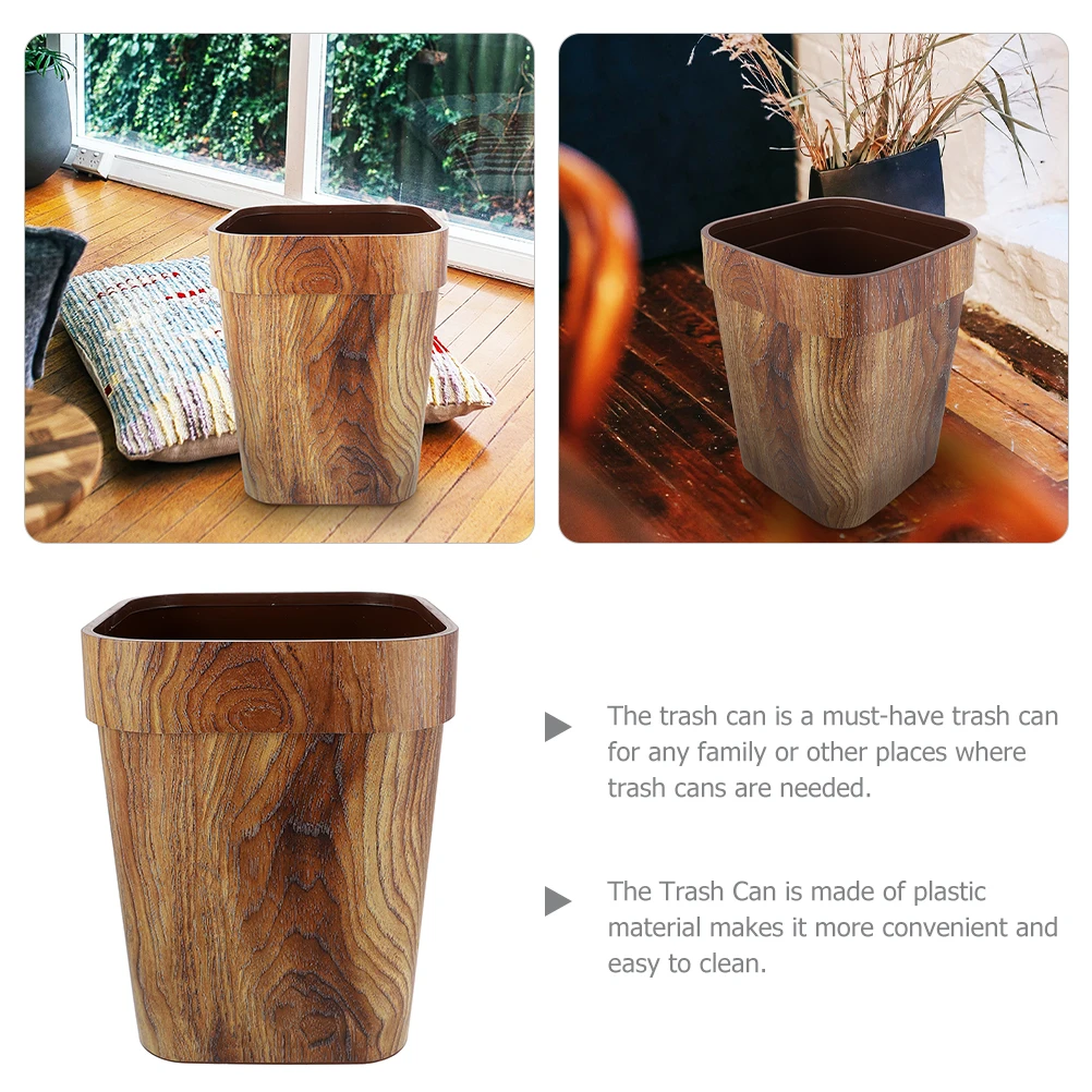 

Wood Grain Trash Can 12L 21.6x21.6x29.5cm Square Plastic Garbage Container Bathroom Home Office Kitchen Bedroom Living Room