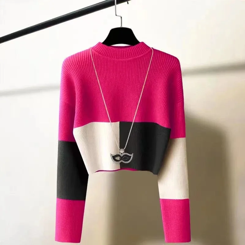 

Women Knitwear 2025 Autumn Winter New Fashionable Thick Loose Pullover Top High Waist Retro Color Blocked Thick Knitted Sweater
