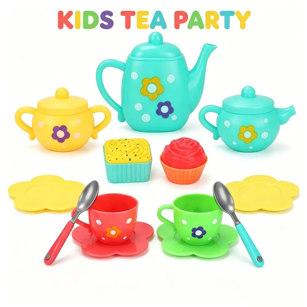 13Pcs Kids Toy Tea, Pretend Play Kitchen Toy with Colorful Plastic Teapots, Cups, Spoons, Flower Plates & Cupcakes