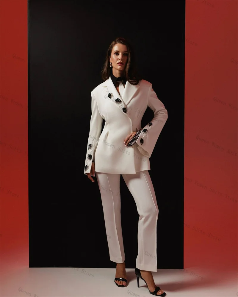 

Luxury White Women Suit Pants Set 2 Piece Blazer+Trousers Black Crystals Formal Office Lady Jacket Wedding Guest Coat Customized