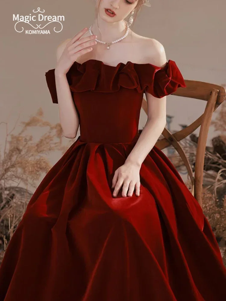 Elegant Temperment Shoulder Strapless Party Dresses Boat Neck Slim Waist Wedding Dresses Cross Lace Up Vintage Evenin