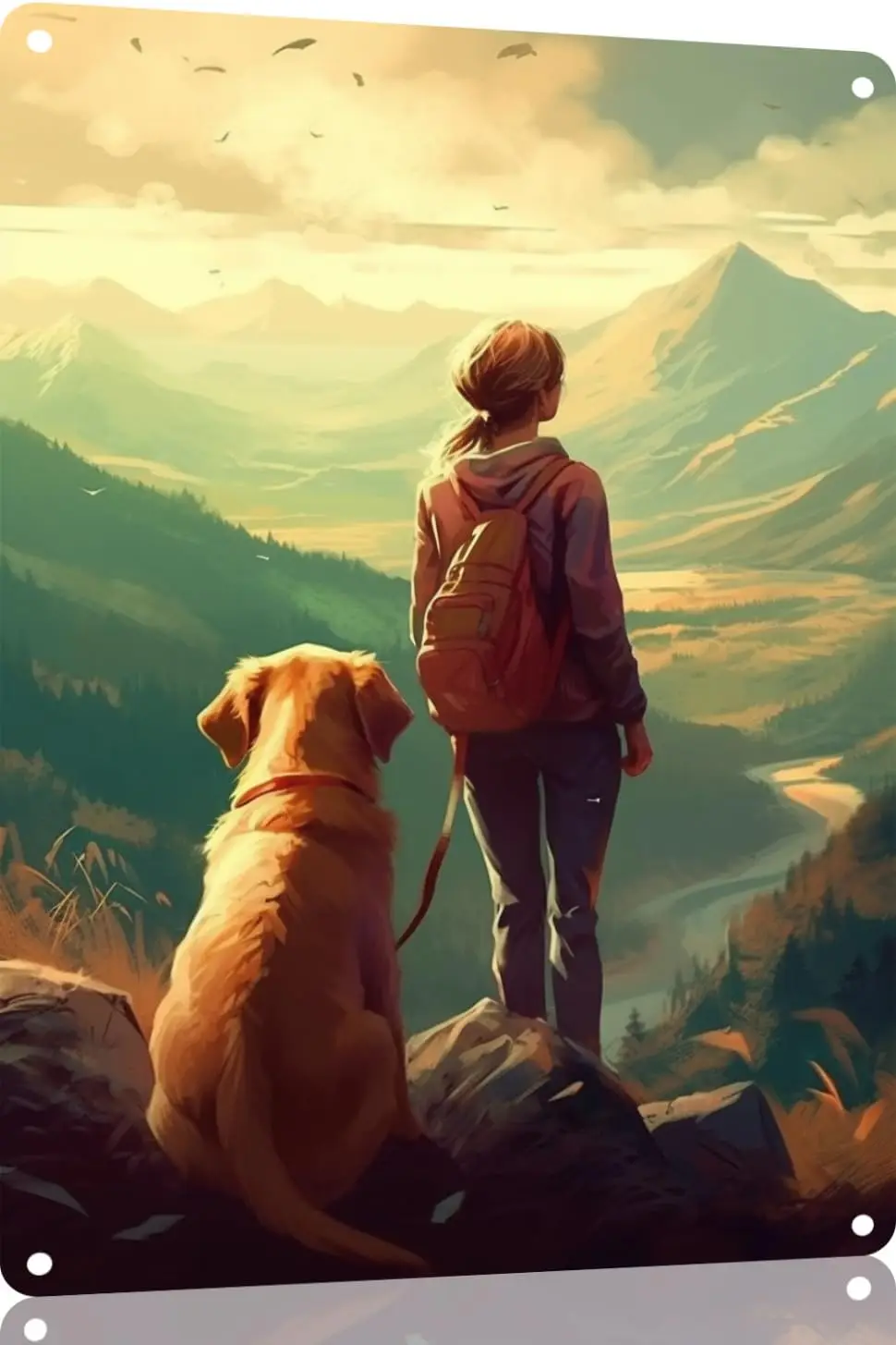Letrero de metal con diseño de mujer y perro Golden Retriever mirando a las montañas, póster artístico, decoración para el hogar, baño, decoración animal, decoración para la cueva del hombre, estilo vintage