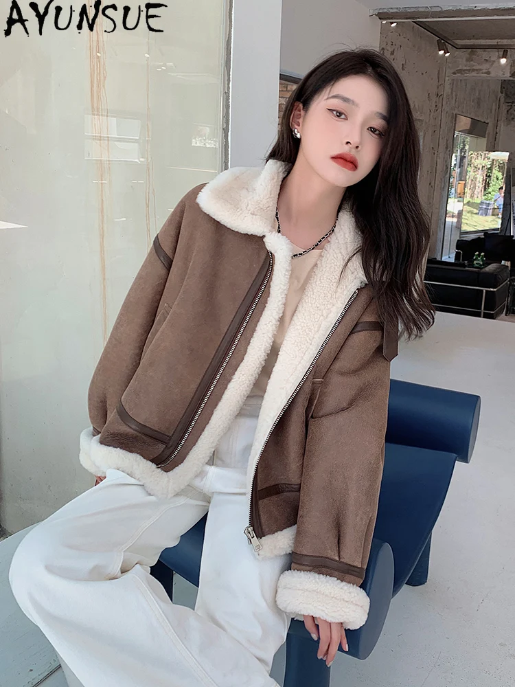 AYUNSUE 2025 겨울 시어링 재킷 여성 100% 천연 양털 재킷 여성 의류 짧은 패션 퍼 재킷 여성 의류