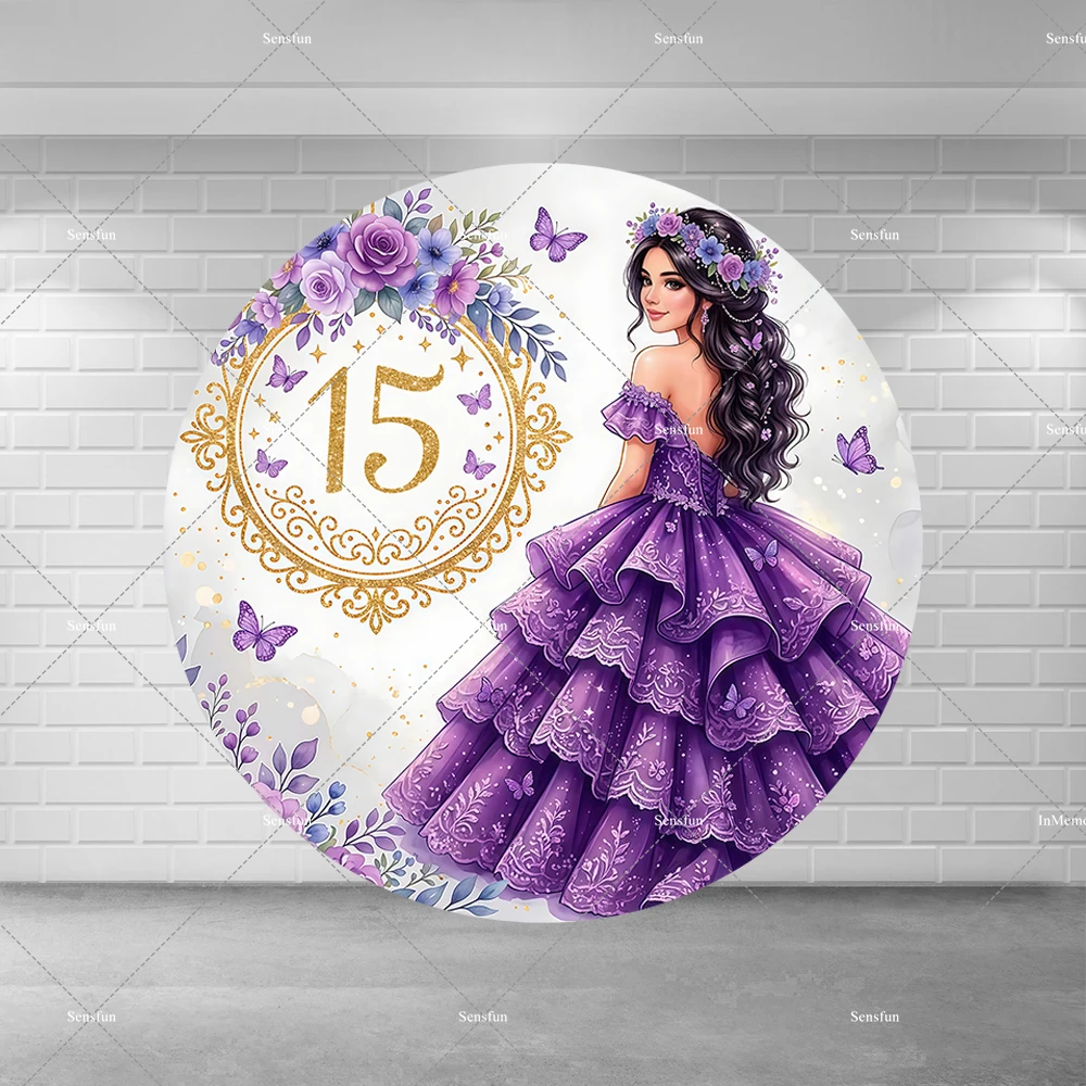 Quinceanera Sweet 15 Princess Girls Birthday Party Round Backdrop Butterfly Purple Dress Flowers Circle Background Plinth Cover