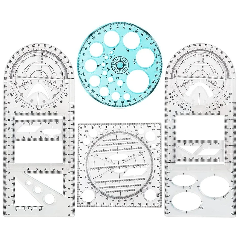 Top-4 Pcs Multifunctional Geometric Ruler Drawing Tools Plastic Ruler Set Mathematics Measuring Circle Drawing Rulers