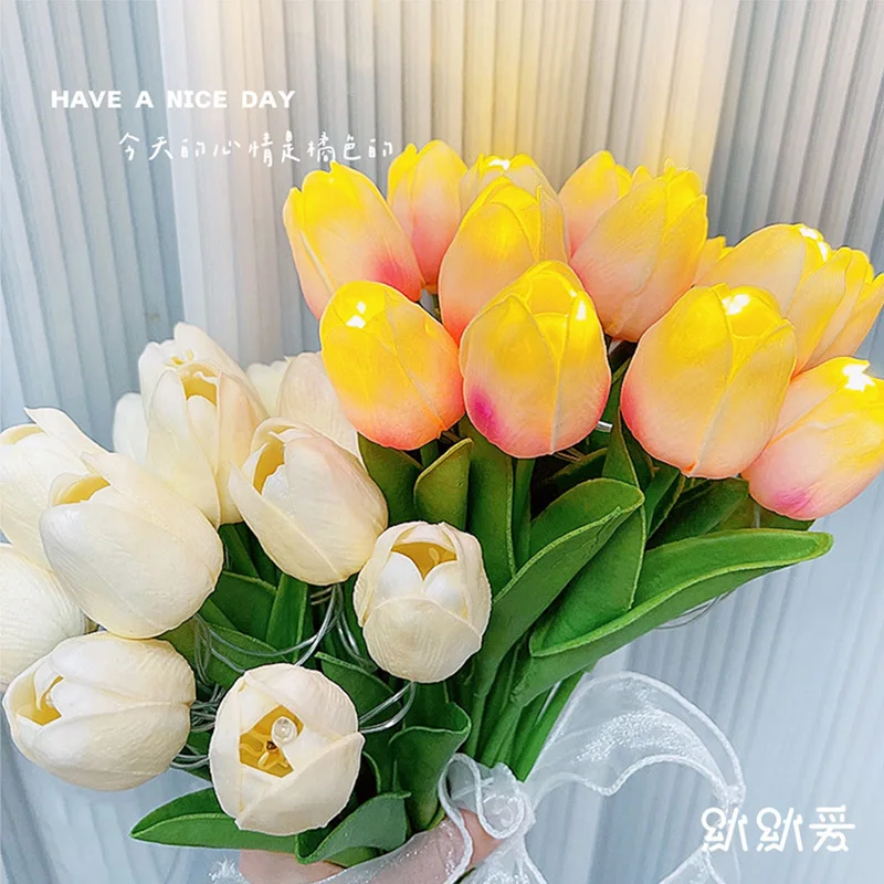 10pcs Tulips with LED Light Tulip Artificial Flowers Table Lamp Simulation Tulips Bouquet Night Light Gifts for Home Decoration