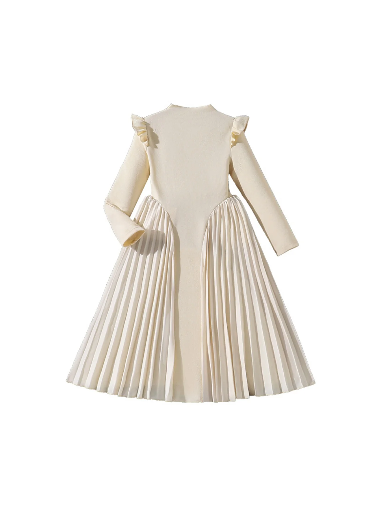 Elegantes, modisches Kinderkleid mit Rüschen und Falten, langen Ärmeln, einfarbig, Rundhalsausschnitt, mittellanger Rock für Kinderbekleidung. – Detail 7