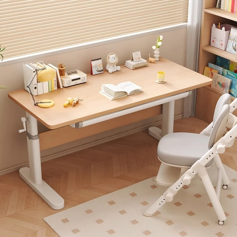 

Children's study table Desk Household primary school students Solid wood writing table Lifting table Chair set
