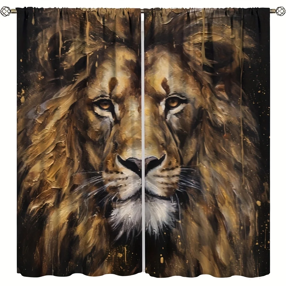 2pcs Oil Painting Lion Curtains Realistic Animal Portrait Print Blackout Drape Living Room Bedroom Window Treatment