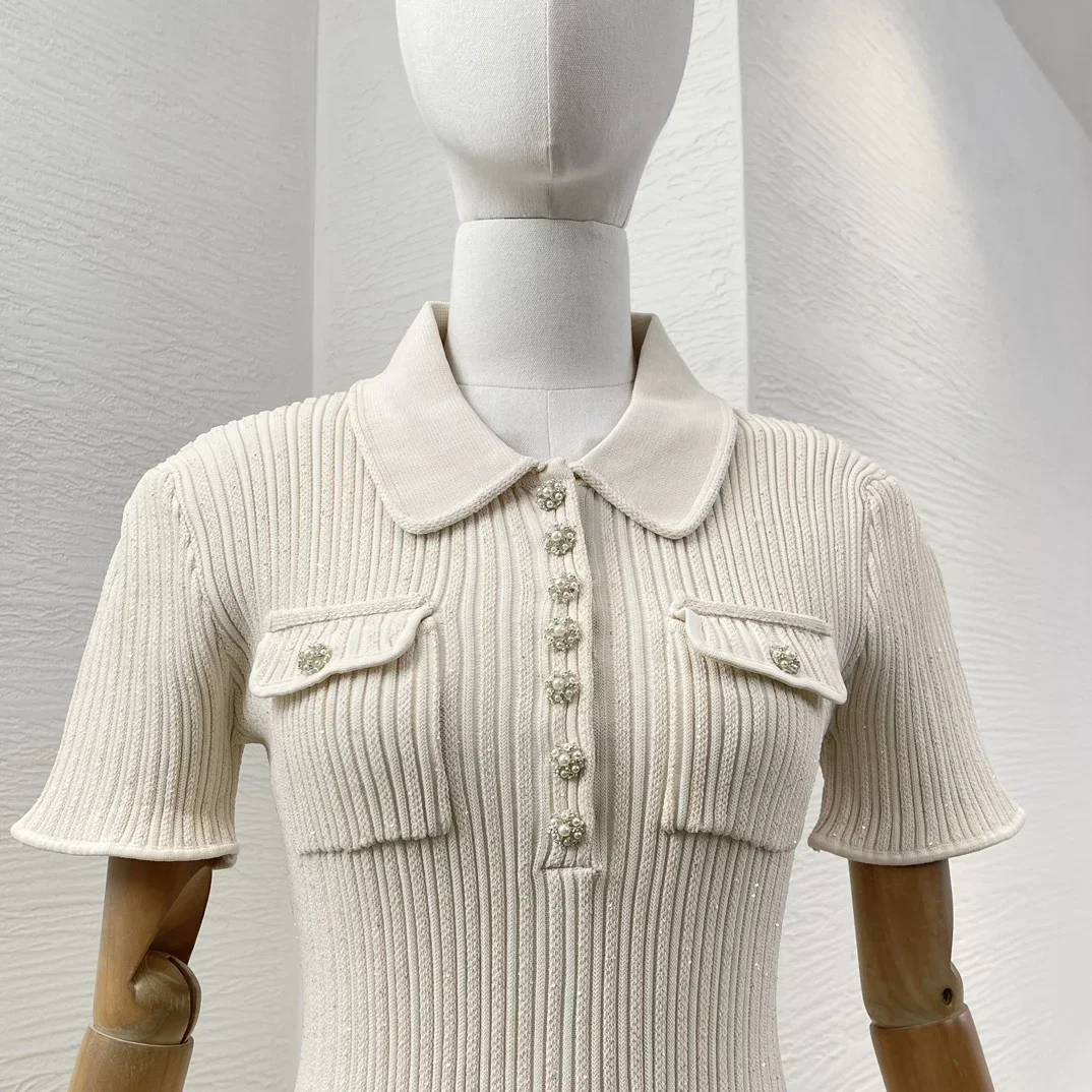 

2025 New Fashion Winter High Quality White Pleat Ruched Knit Short Sleeve Mini Dress For Women