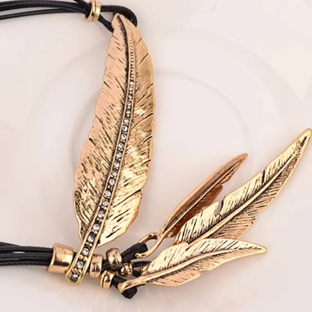 FSUNION New 2025 Hot Sale Fashion Bohemian Style Bronze Rope Chain Feather Pattern Pendant Necklace Gifts For Women