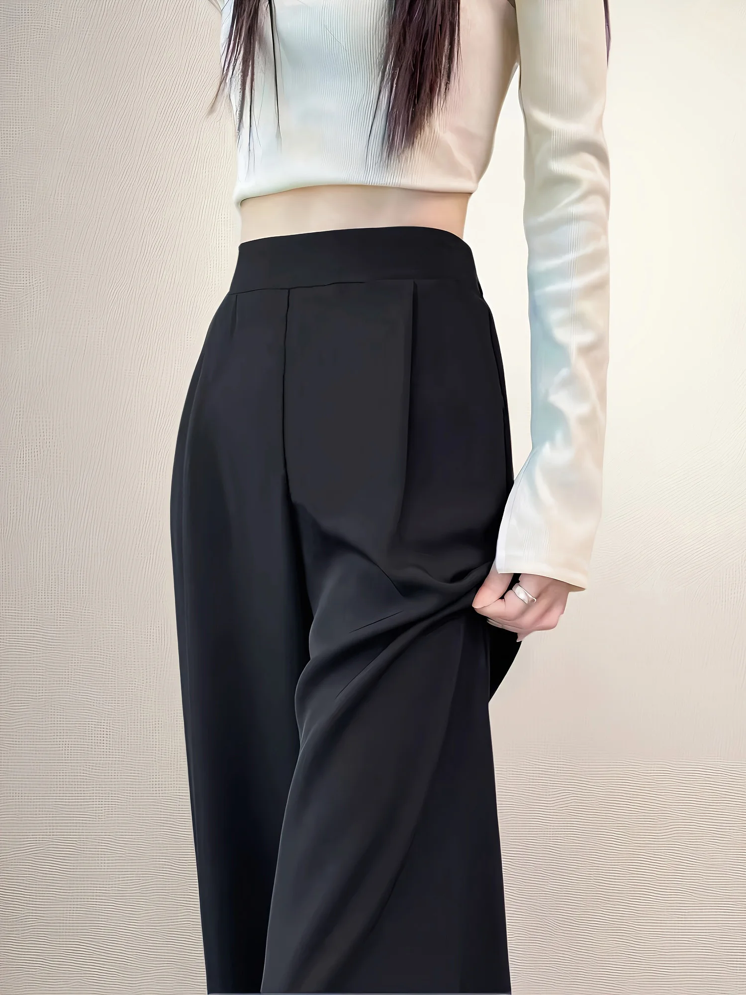 بنطال بدلة نسائي مع ثنيات، كاجوال نحيف مستقيم وواسع الساق، بنطال مستقيم فضفاض عالي الخصر وتنحيف