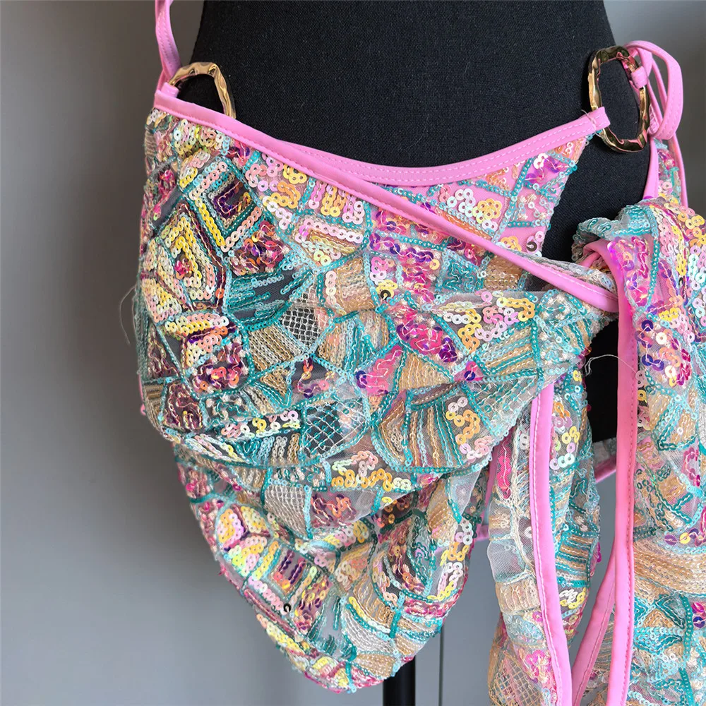 Kolorowy cekinowy strój kąpielowy typu halter, stringi, trójkątne bikini, 3-częściowy zestaw, narzutka, metalowe kółko, seksowny kostium kąpielowy damski 2025, geometryczne bikini.