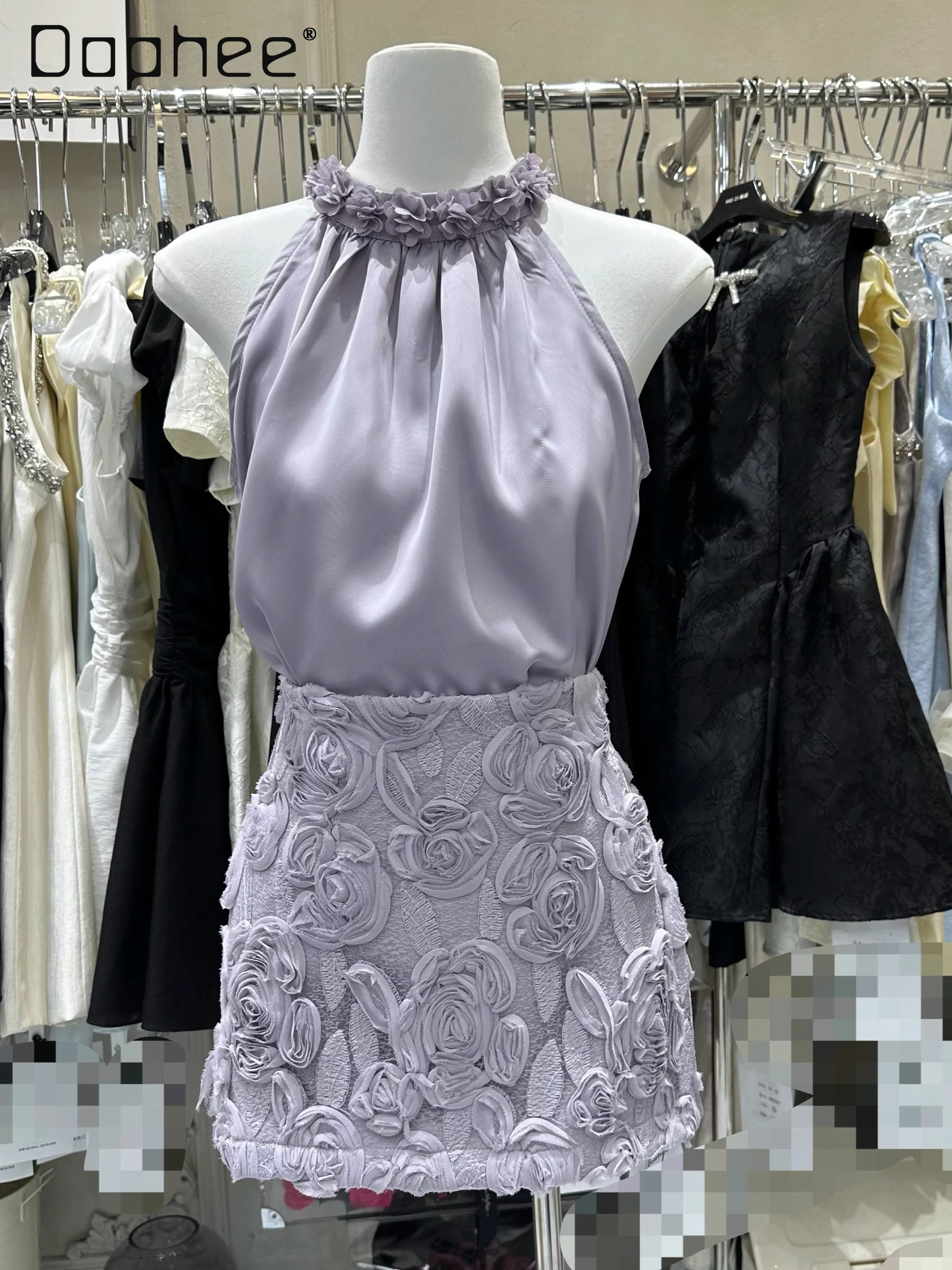 

French Temperament Socialite Heavy Industry Flower Off Shoulder Vest Three-dimensional Flower Skirt Sweet Two Piece Sets Women
