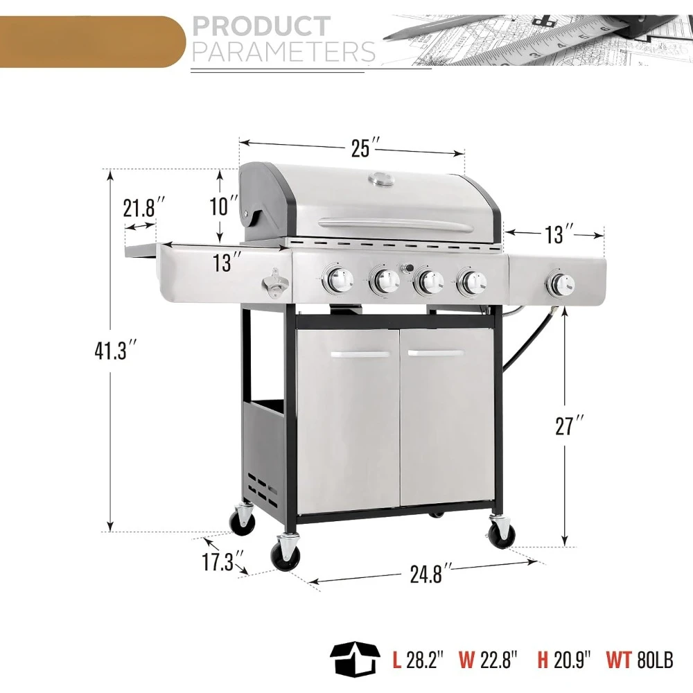 Gas BBQ Grill with Side Burner and Porcelain-Enameled Cast Iron Grates, Stainless Steel Propane Grills