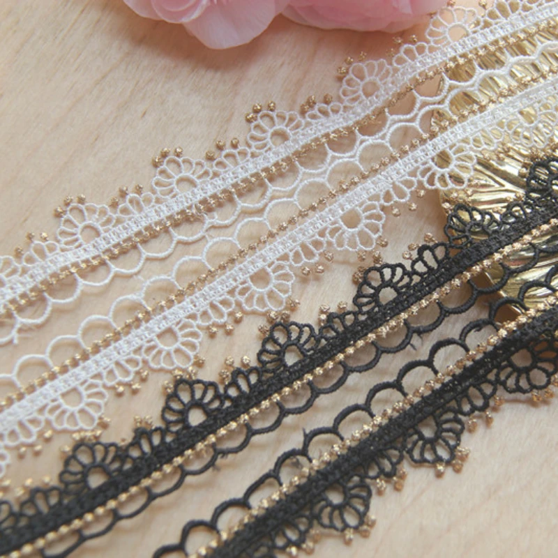 Wedding Dress Fluorescent Lace Applique, Gold Thread, White, Black Venice Lace Accessories, Stage Performance Decoration, 2 Yard